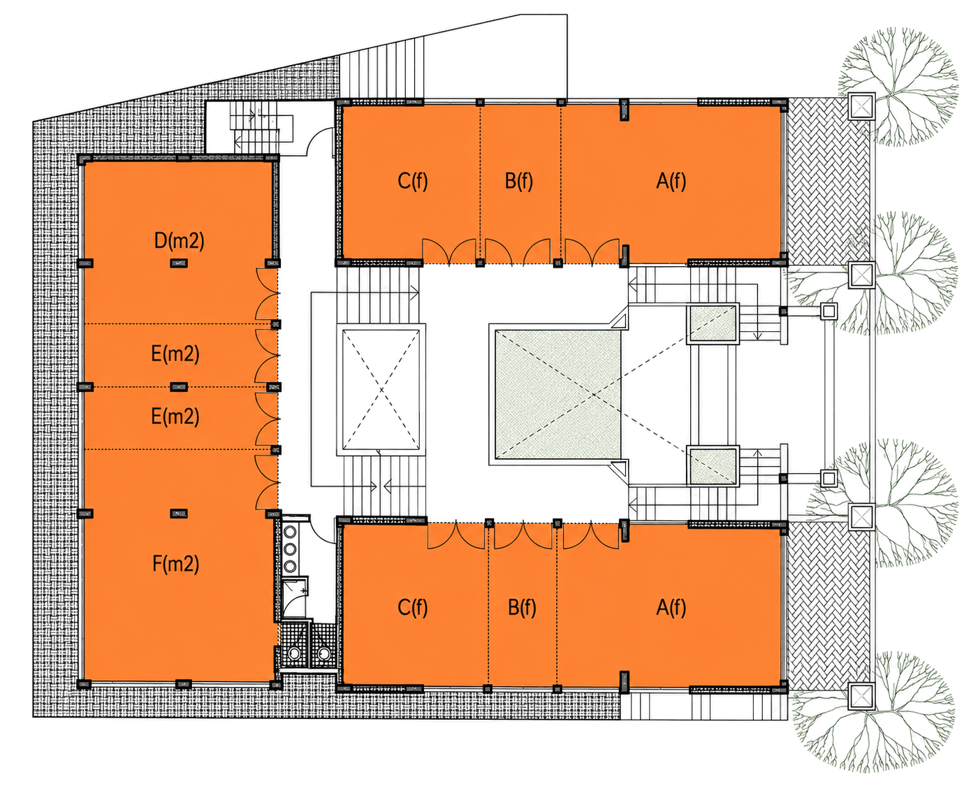 First floor plan showing units around the central court