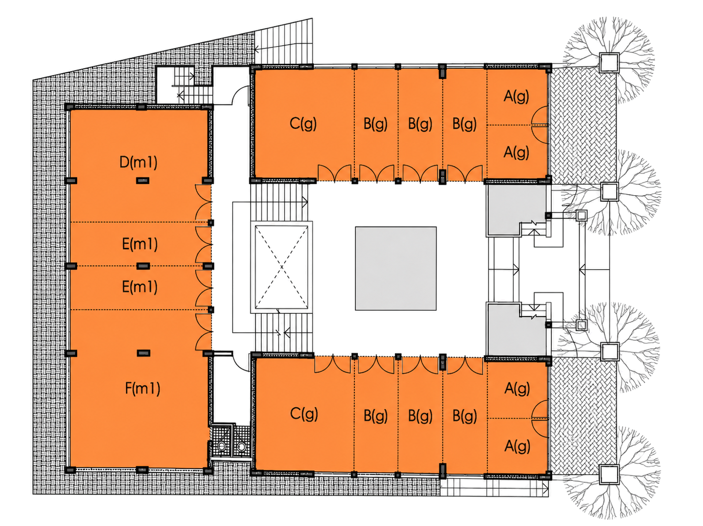 Ground floor plan showing units around the central court